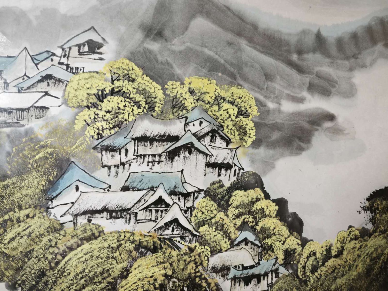 水墨画 黄葉と山里 中国 墨彩山水画|古民家|和風|額装