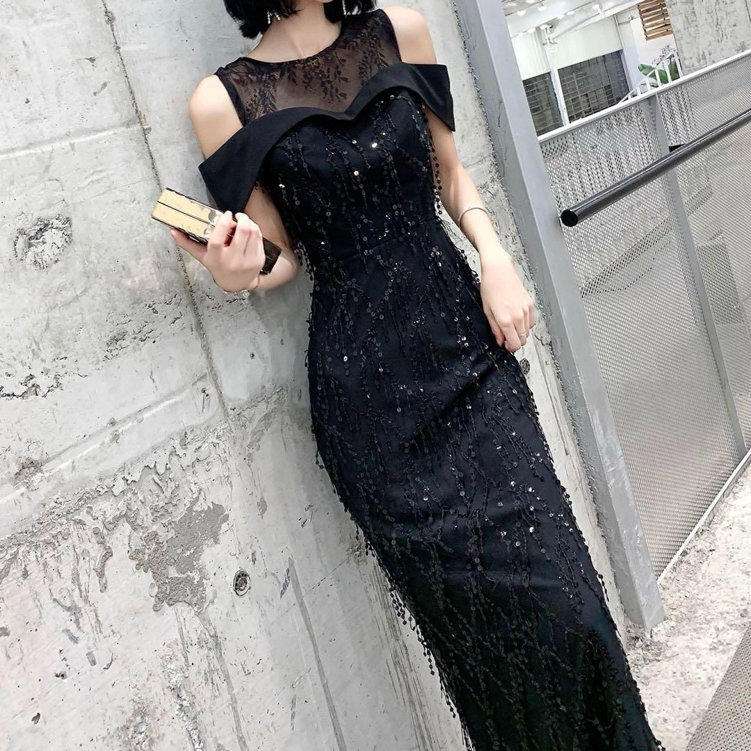 花柄レースにスパンコールが美しい オフショルイブニングドレス 花柄レースにスパンコールが美しい オフショルイブニングドレス