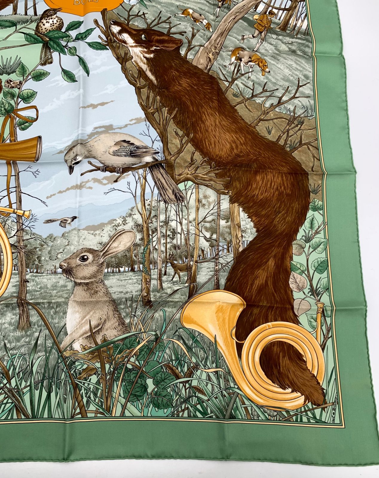 未使用級 HERMES エルメス カレ90 CHASSE au BOIS 森の狩猟 グリーン