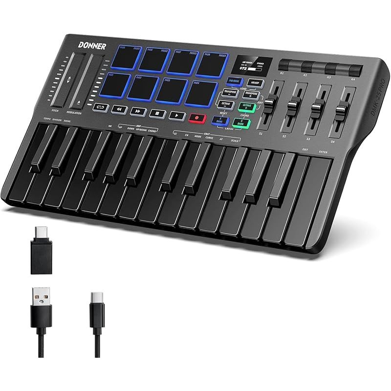 Donner USB MIDI キーボード コントローラー 25鍵 ベロシティ対応 タッチ式スライダー OLEDスクリーン バックライト付パッド 音楽制作 Mac PC対応 日本語説明書 ブラック DMK-25 PRO 1