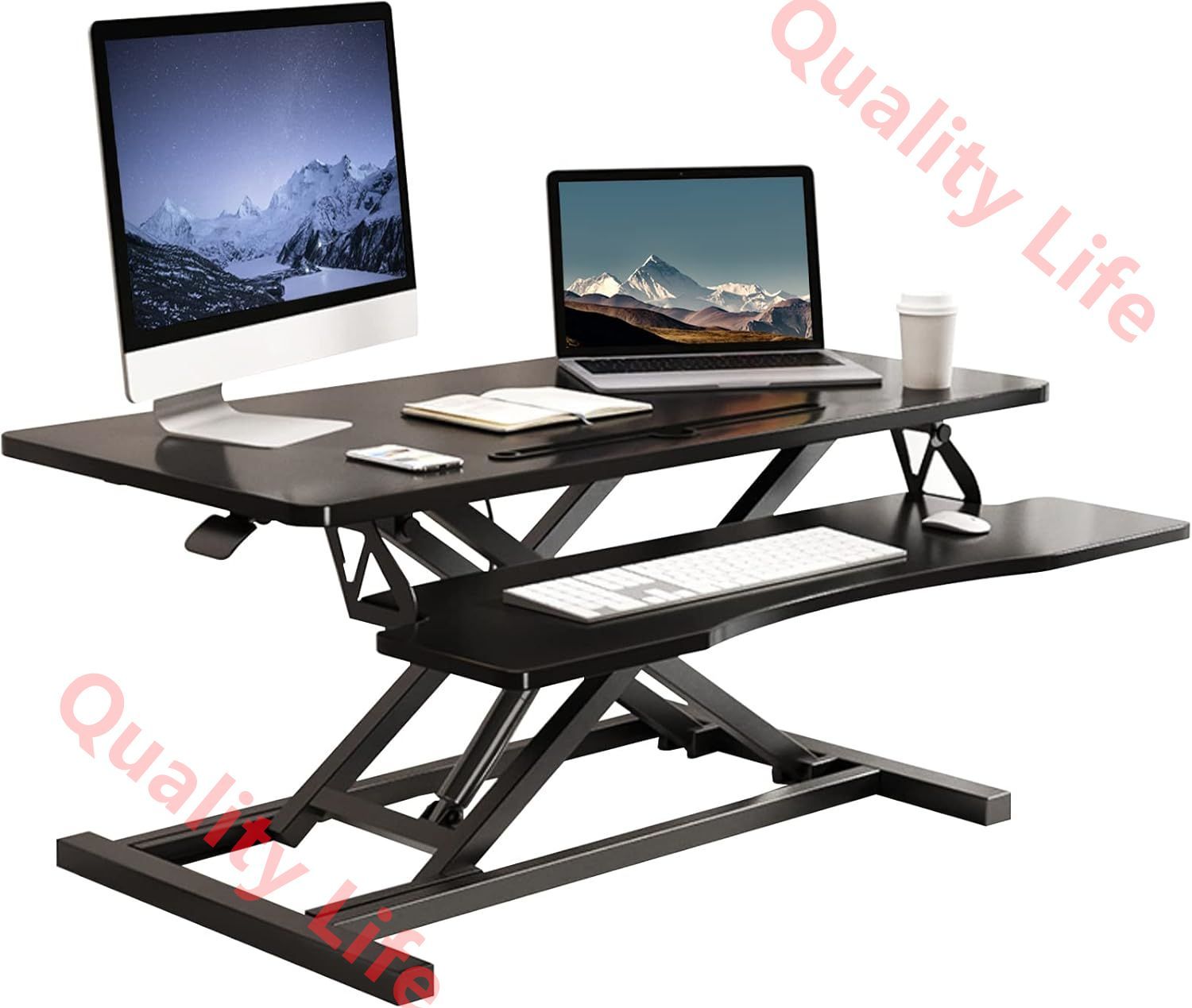 スタンディングデスク 卓上 昇降式デスク パソコンデスク ガス圧 無段階調節 幅40ｘ90㎝ 耐荷重15kg 工事不要 湾曲デザイン 座り過ぎ·腰痛持ちには必須