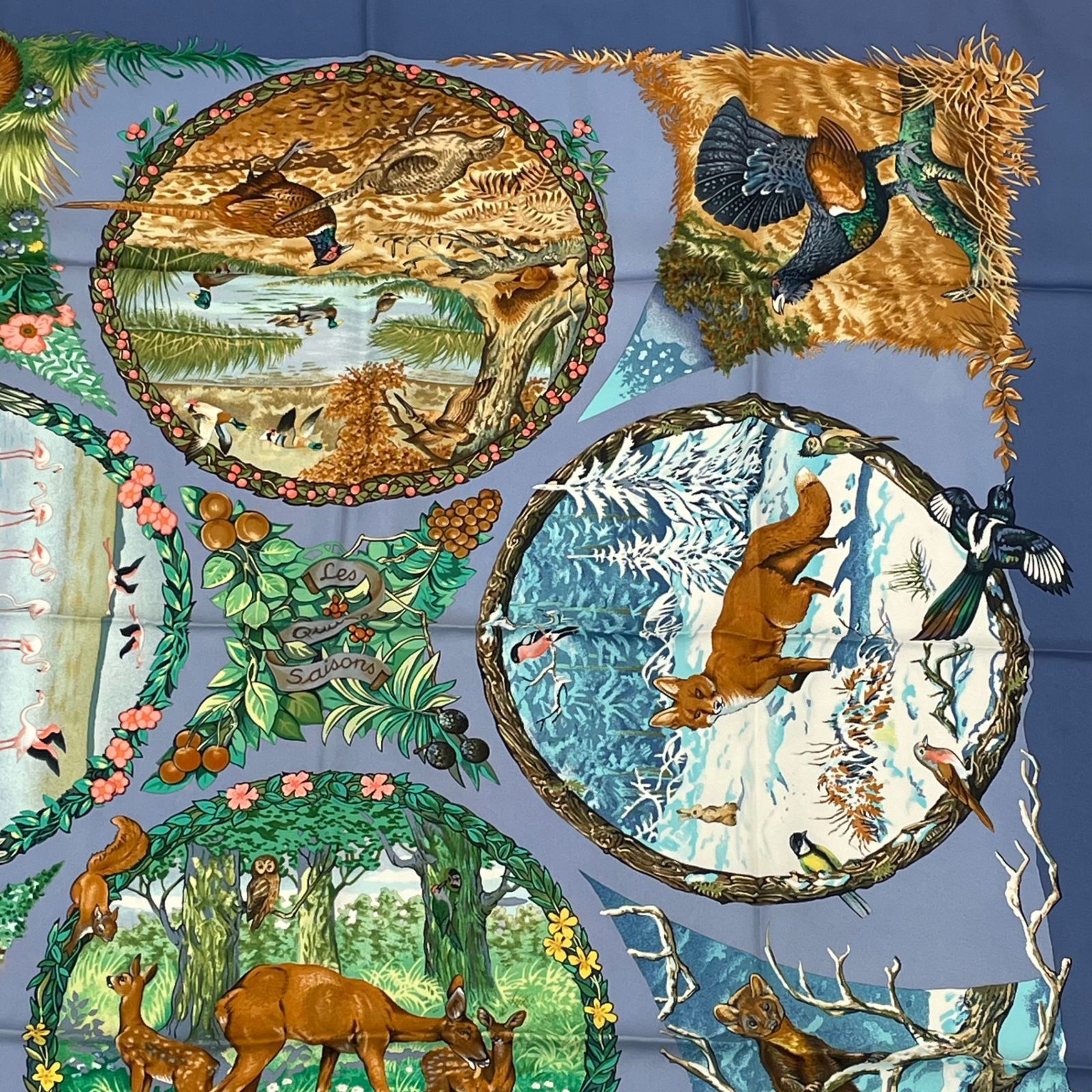 HERMES エルメス カレ90 スカーフ Les Quatre Saisons HERMES エルメス カレ 90 LES QUATRE SAISONS 四季 ブラウン 動物 花