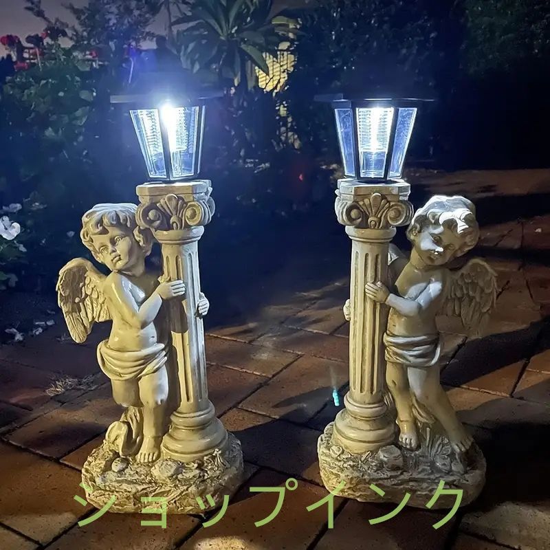 天使のランプポストデコレーション2個 49.0 cm 日光天使の彫刻、ローマの柱天使の庭の像、屋外ソーラーパスライトガーデン風景装飾 (右、左)