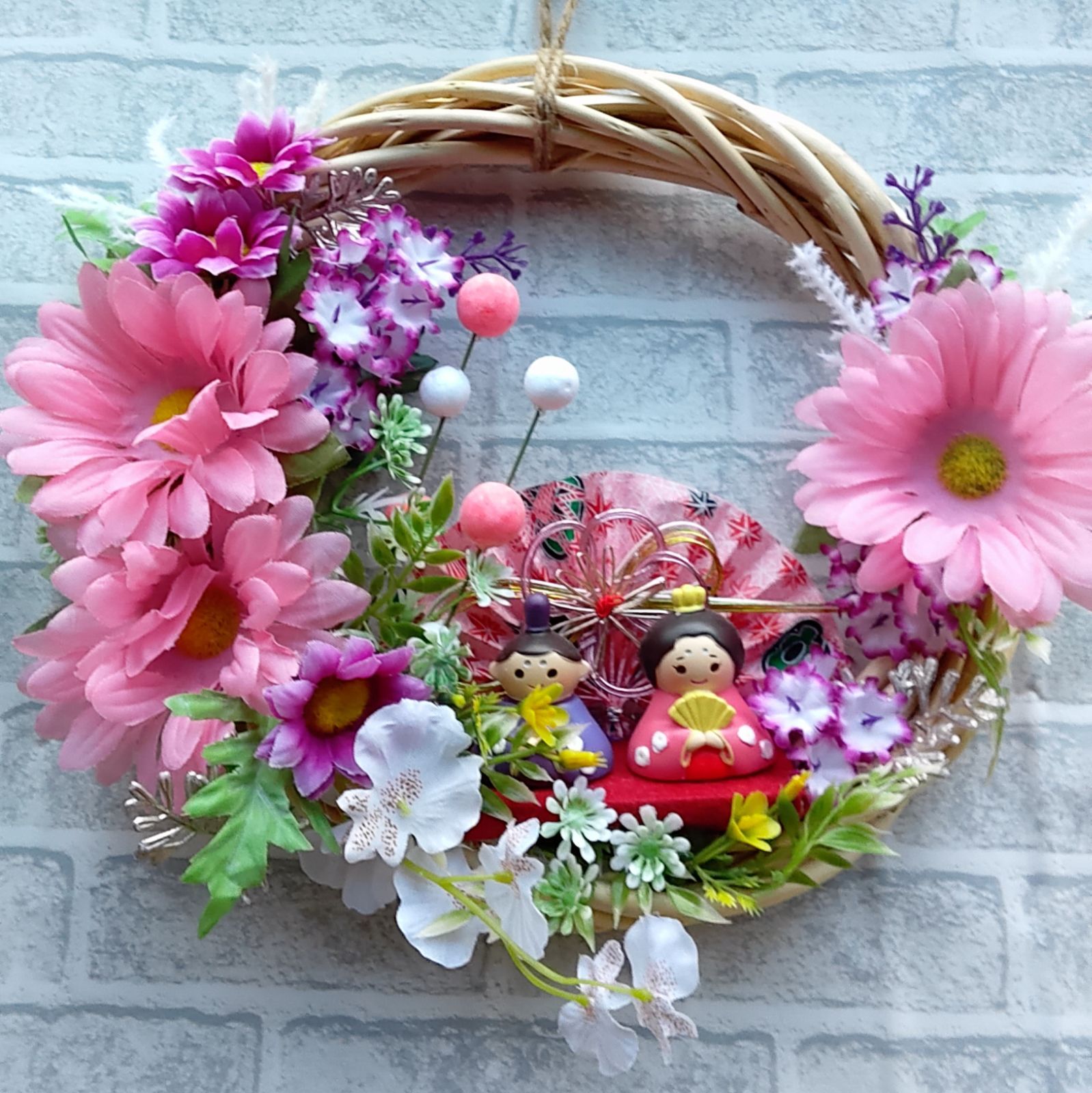 ハンドメイド　ひな祭りリース　しめ縄リース　ひな祭りフラワーリース ひなまつりリース ひな祭り フラワーリース ひなまつり お雛様 壁飾り