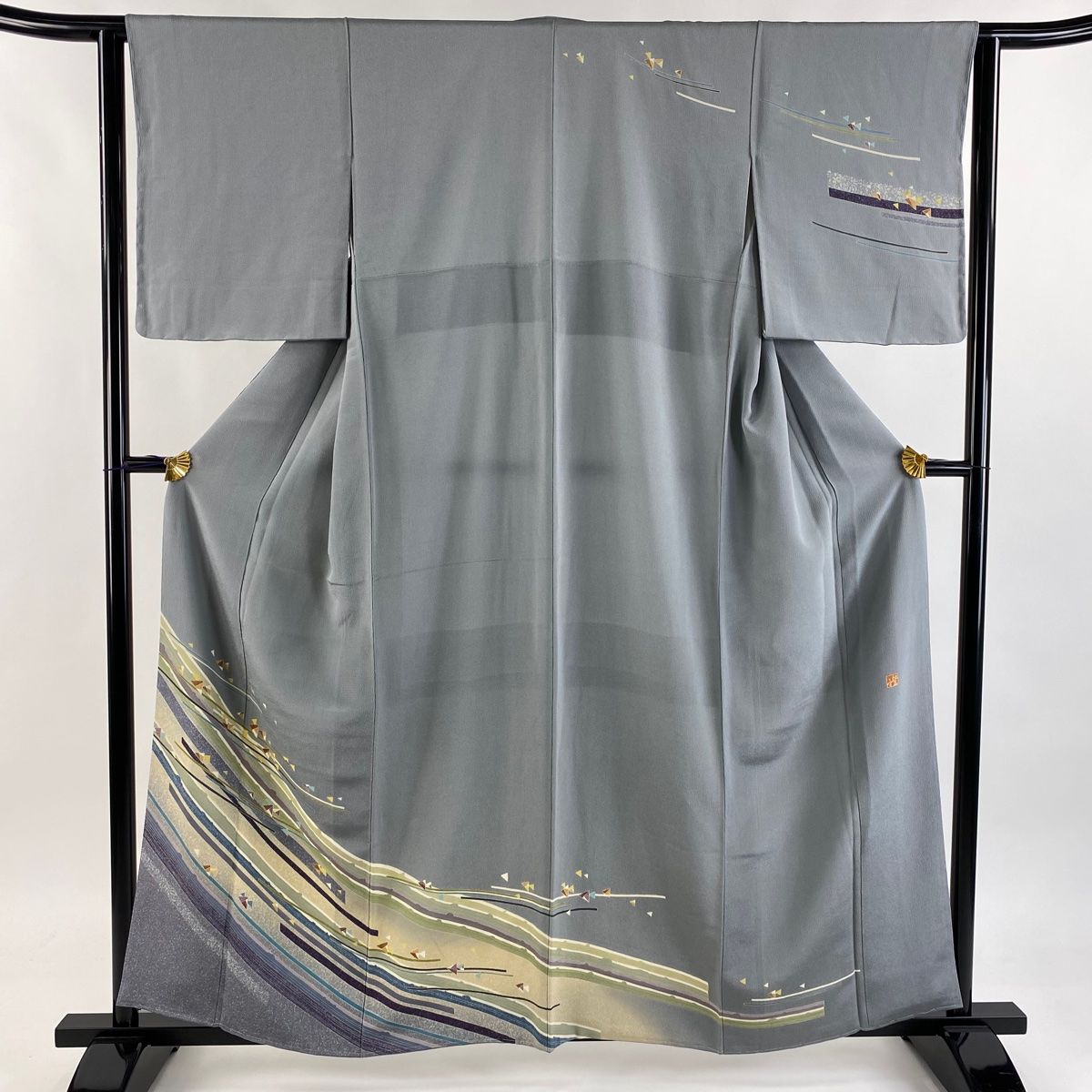 正絹 横段繋ぎ幾何学模様 袷 紬の付け下げ（身丈肩から163.5㎝） 本場