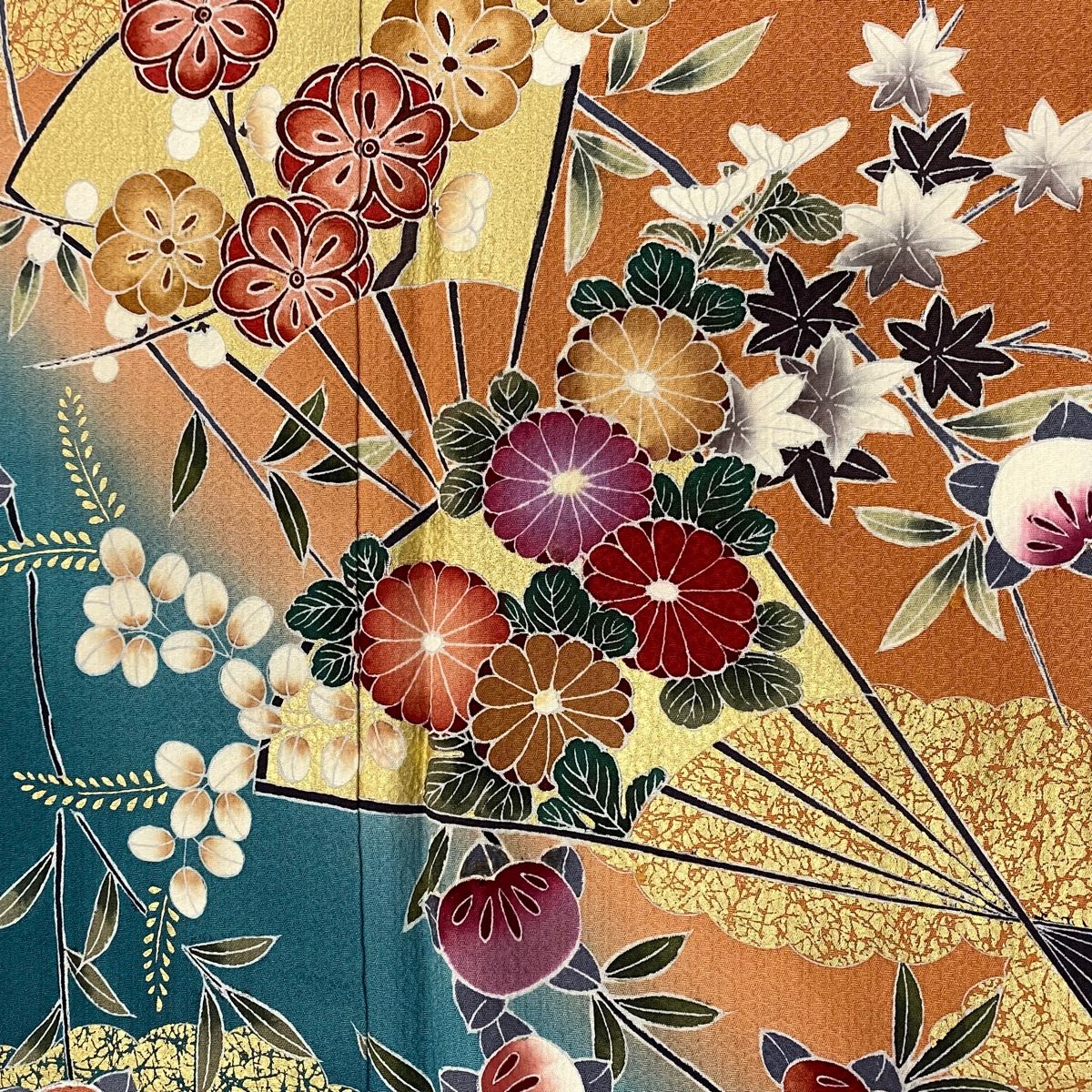 訪問着 美品 秀品 扇面 草花 金彩 染め分け 薄オレンジ 袷 身丈169cm