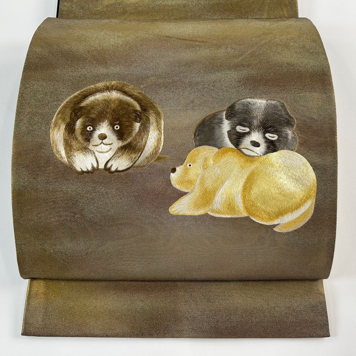 袋帯 逸品 犬 刺繍 箔 金色 お太鼓柄 正絹 【中古】 - メルカリ