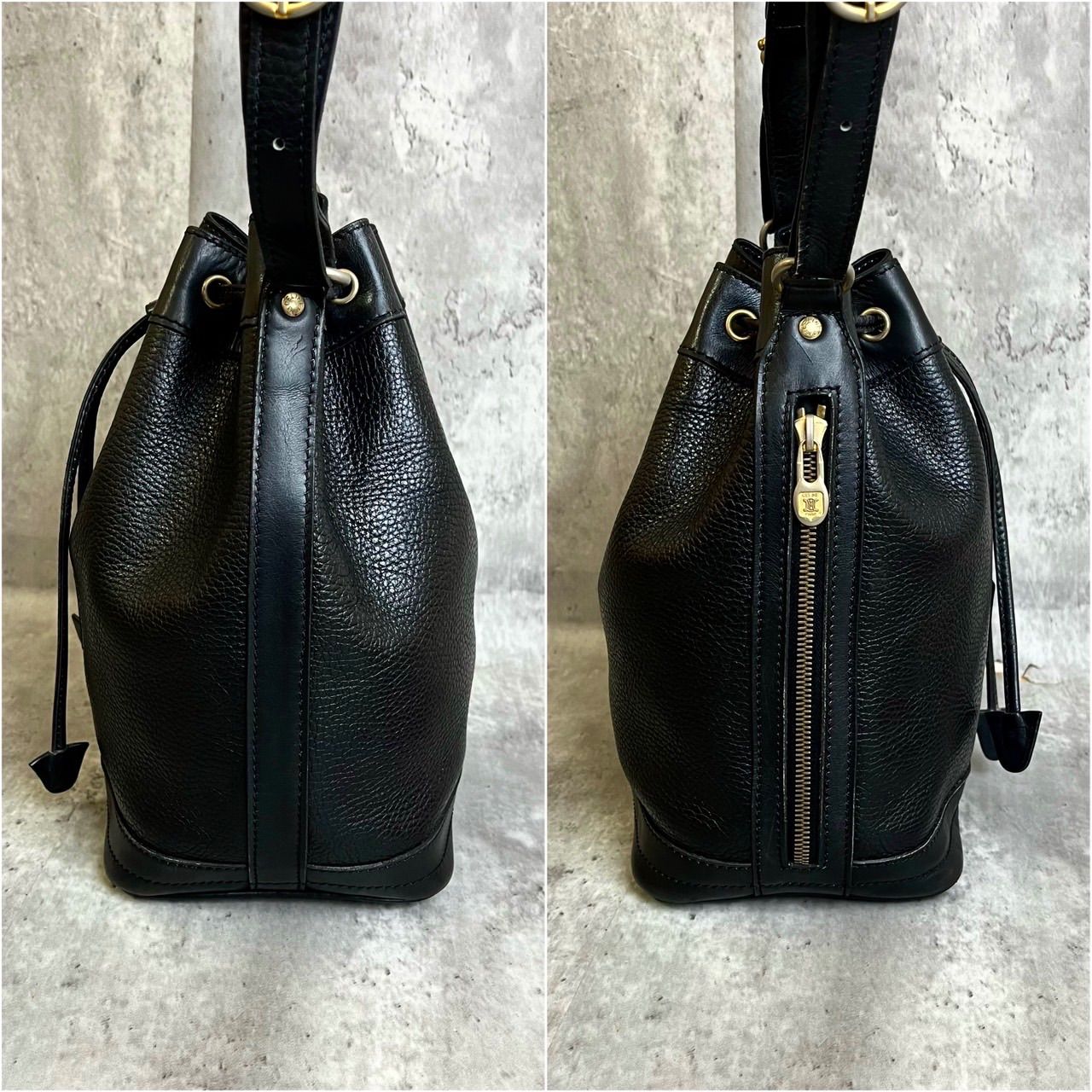 ✨希少品✨ CELINE セリーヌ ショルダーバッグ トートバッグ 巾着 バケツ型 マカダム柄 ゴールド金具 ロゴ型押し シボレザー ビンテージ  ヴィンテージ 肩掛け レディース ブラック 黒色 - メルカリ