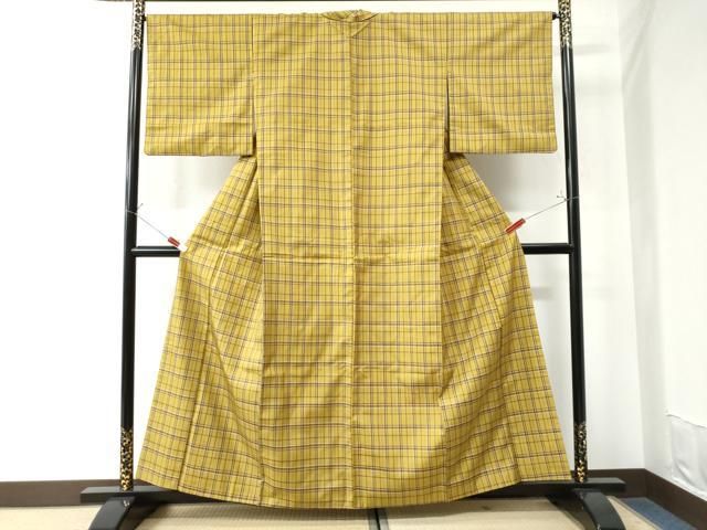 平和屋着物○本場黄八丈 平織 紬 格子柄 正絹 逸品 CAAW7238yc