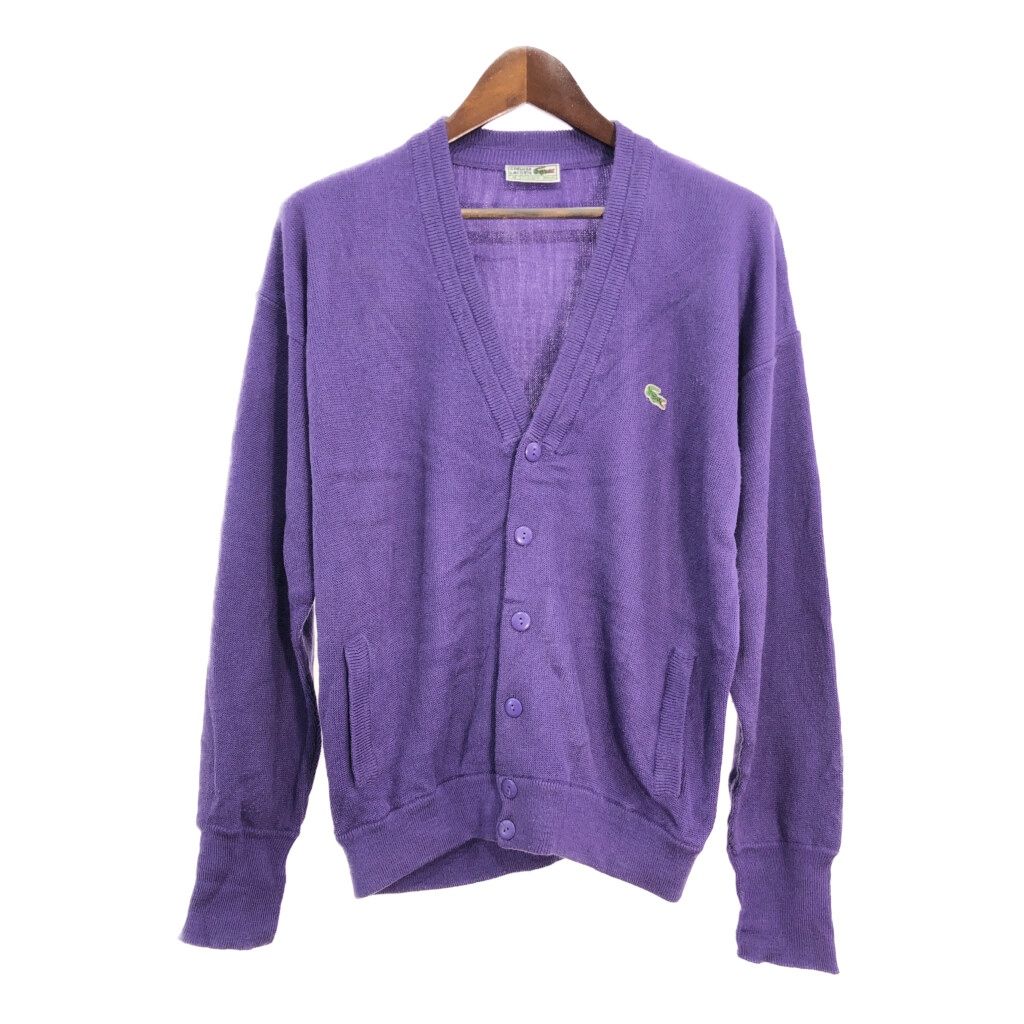 80年代 スペイン製 IZOD LACOSTE アイゾッド ラコステ アクリル ニット カーディガン ロゴ パープル (メンズ M) 中古 古着 T0480