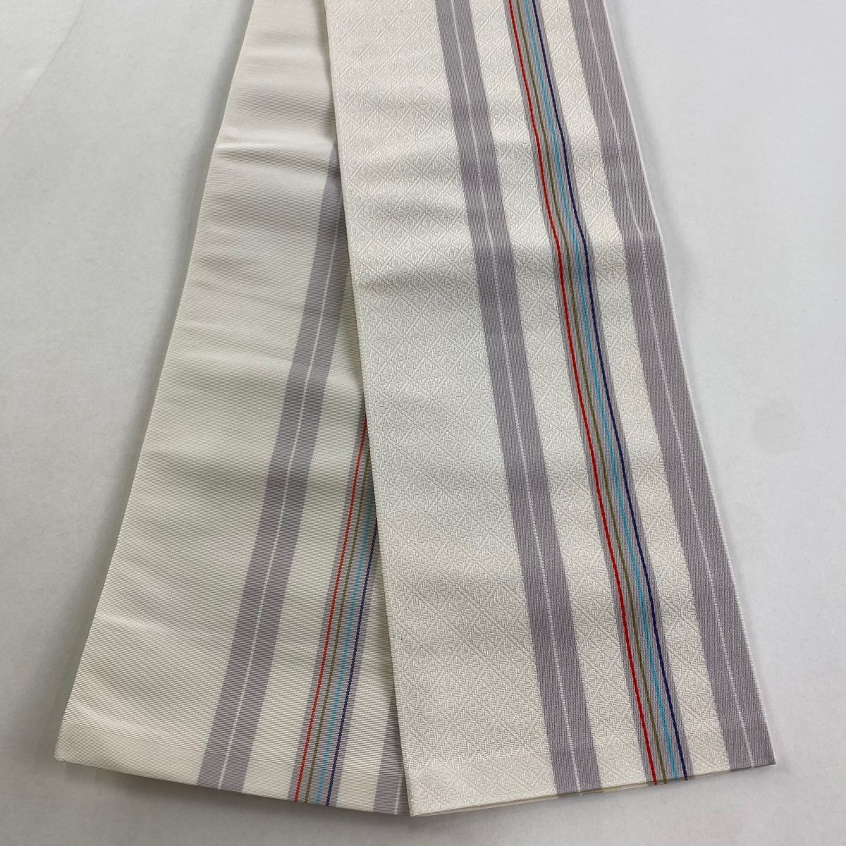 半幅帯 博多織 証紙 縞 地紋 白 正絹