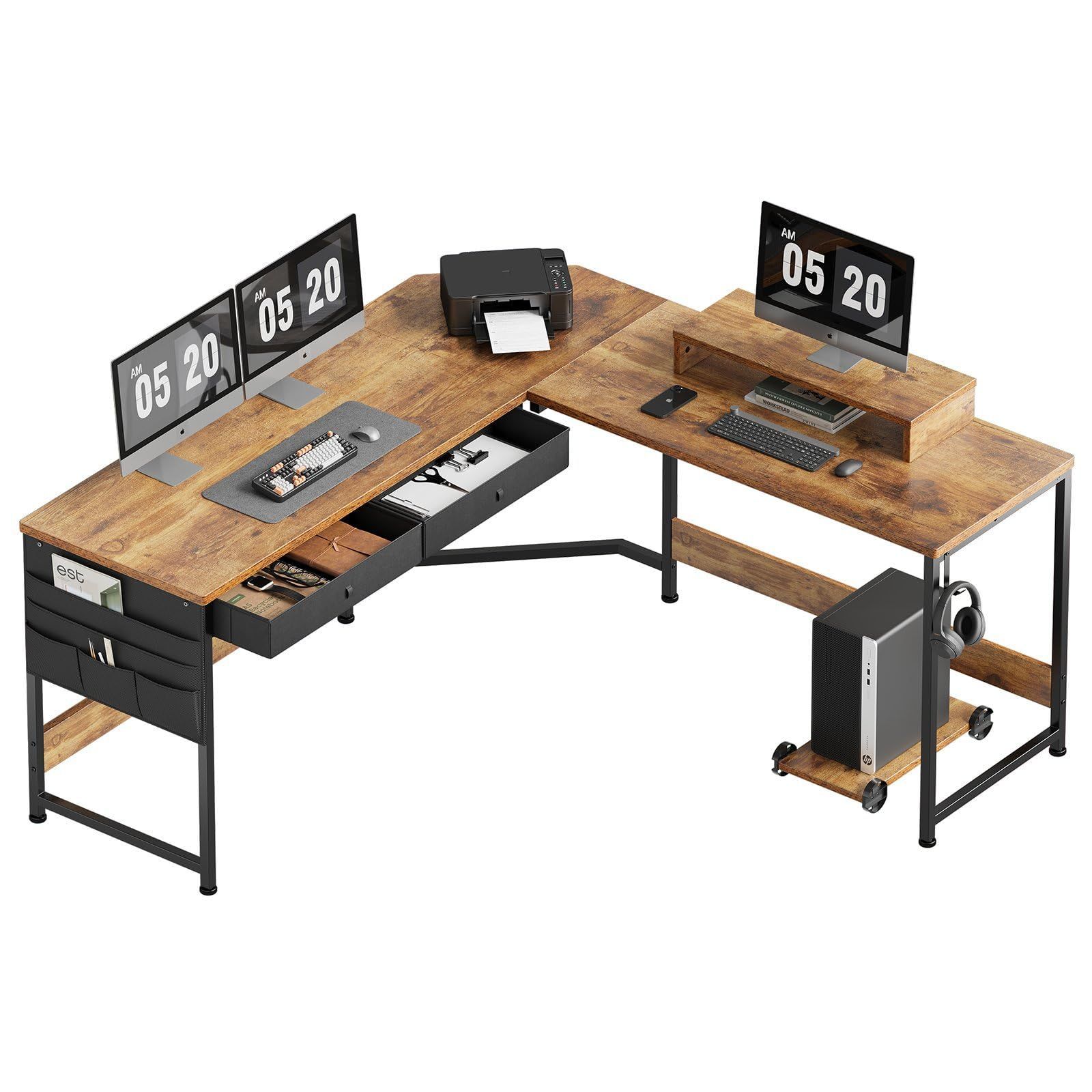 在宅勤務 作業 勉強机 PC 収納袋付き勉強机引き出し付きデスクL字型 ゲーミングデスク ビンテージ 125cm 125cm x 作業机 pcデスク l字デスク机 YeTom