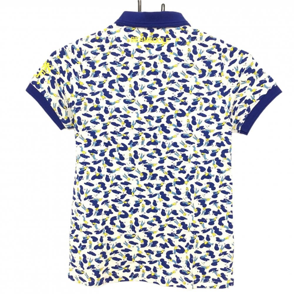 ビームスゴルフ×LIBERTY 半袖ポロシャツ 白×ブルー ゴルファー総柄 レディース S ゴルフウェア BEAMS GOLF