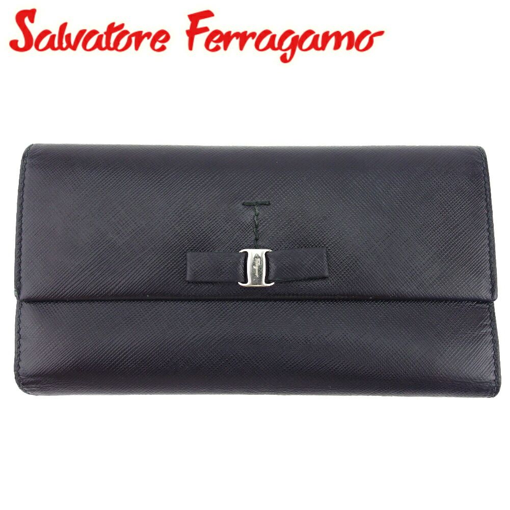 美品 サルヴァトーレ フェラガモ 長財布 ヴァラリボン カーフレザー　ブラック フェラガモ Ferragamo 長財布 レディース ヴァラリボン ブラック
