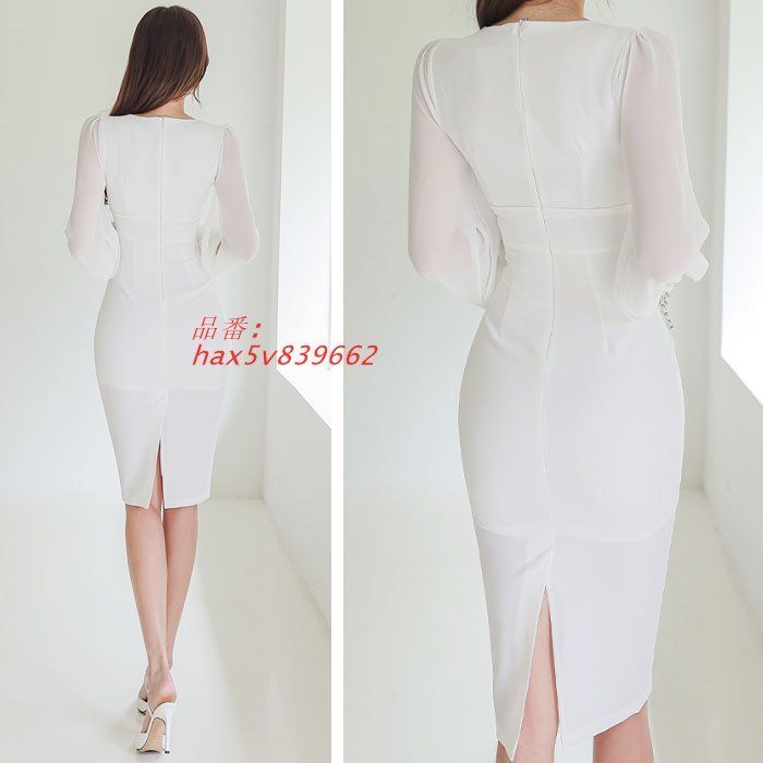 ハイエスト膝丈タイト長袖ワンピース 白