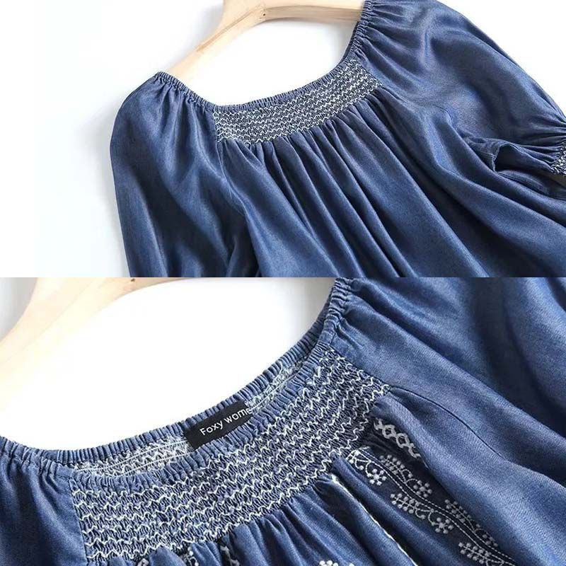 ブラウス 5分袖 夏 デニム tシャツ フリル袖 刺繍 シャツ 花柄 半袖シャツ レディース デニムシャツ 春 五分袖 チュニック プルオーバー シャツブラウス フリル ブラウス 5分袖 夏 デニム tシャツ フリル袖 刺繍 シャツ 花柄