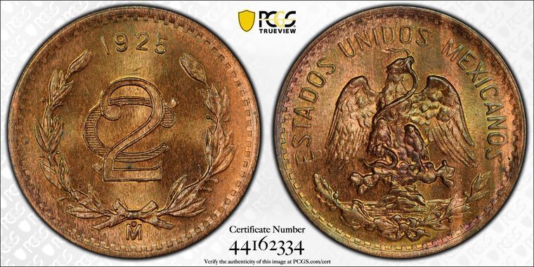 1925-Mo PCGS MS64 RB Red Brown Mint State 2 Centavos 2c Mexico Coin Item