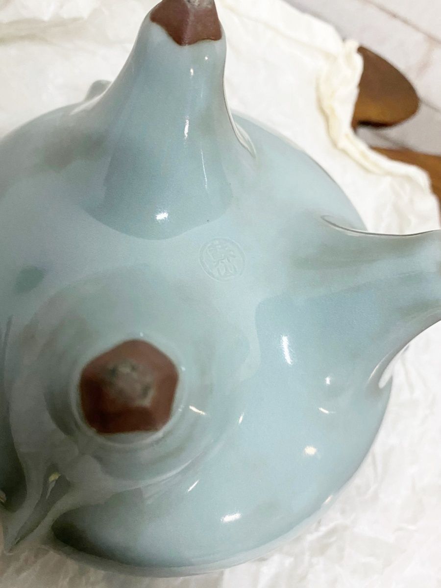 豆緑】古美術時代物/二代諏訪蘇山/青磁 青瓷 袴腰 香炉 三つ足香炉