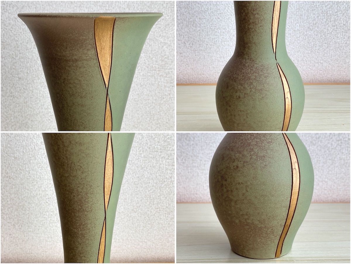 KB131】陶器 花瓶 かぶら型 立華 緑と茶に金紋様 直径約14cm 高さ約