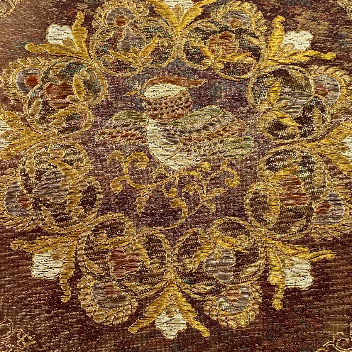 【名古屋帯】花喰い鳥模様 刺繍 箔置き　鳥　銀彩　金彩　 正絹　アンティーク 名古屋帯】花喰い鳥模様 刺繍 箔置き 鳥 銀彩 金彩 正絹