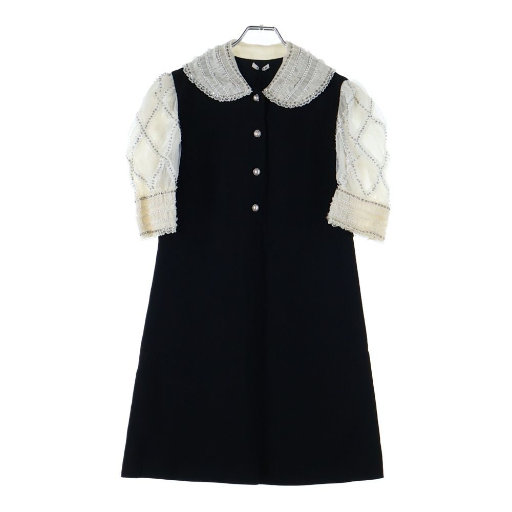 miumiu ミュウミュウ 20SS ラインストーン フェイクパール装飾 レース チュール 切り替え レーヨン ミディアムワンピース ドレス ブラック|ホワイト レディース MF3854