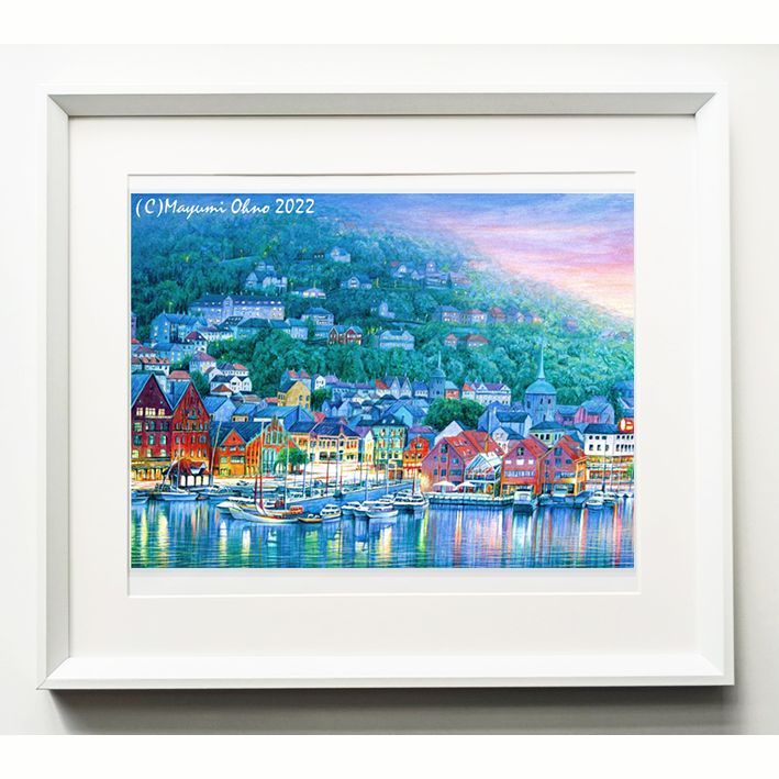 北欧 アメリカで版画化 ノルウェー ベルゲン ヨーロッパ 風景画 版画 インテリア 絵画 水彩画 白 木製 夕景 アート 額縁