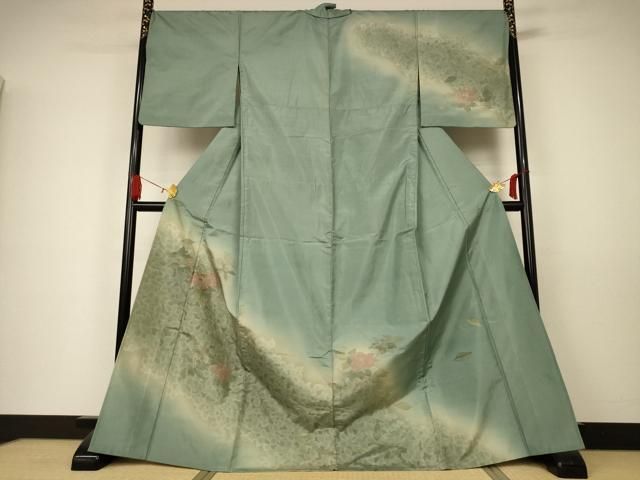 平和屋着物▽訪問着　本場染大島紬　単衣　刺繍　草花文　暈し染め　正絹　逸品　AAAW7293jd 平和屋着物▽訪問着 本場染大島紬 単衣 刺繍 草花文 暈し染め 正絹