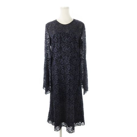 レコパン LES COPAINS 総レースワンピース ひざ丈 長袖 フ スリーブ ビスチェデザイン 44 M 紺 ネイビー CK9 GY18