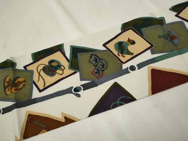 平和屋着物○九寸名古屋帯 型染め 玩具文 金彩 鬼しぼ縮緬 正絹 逸品