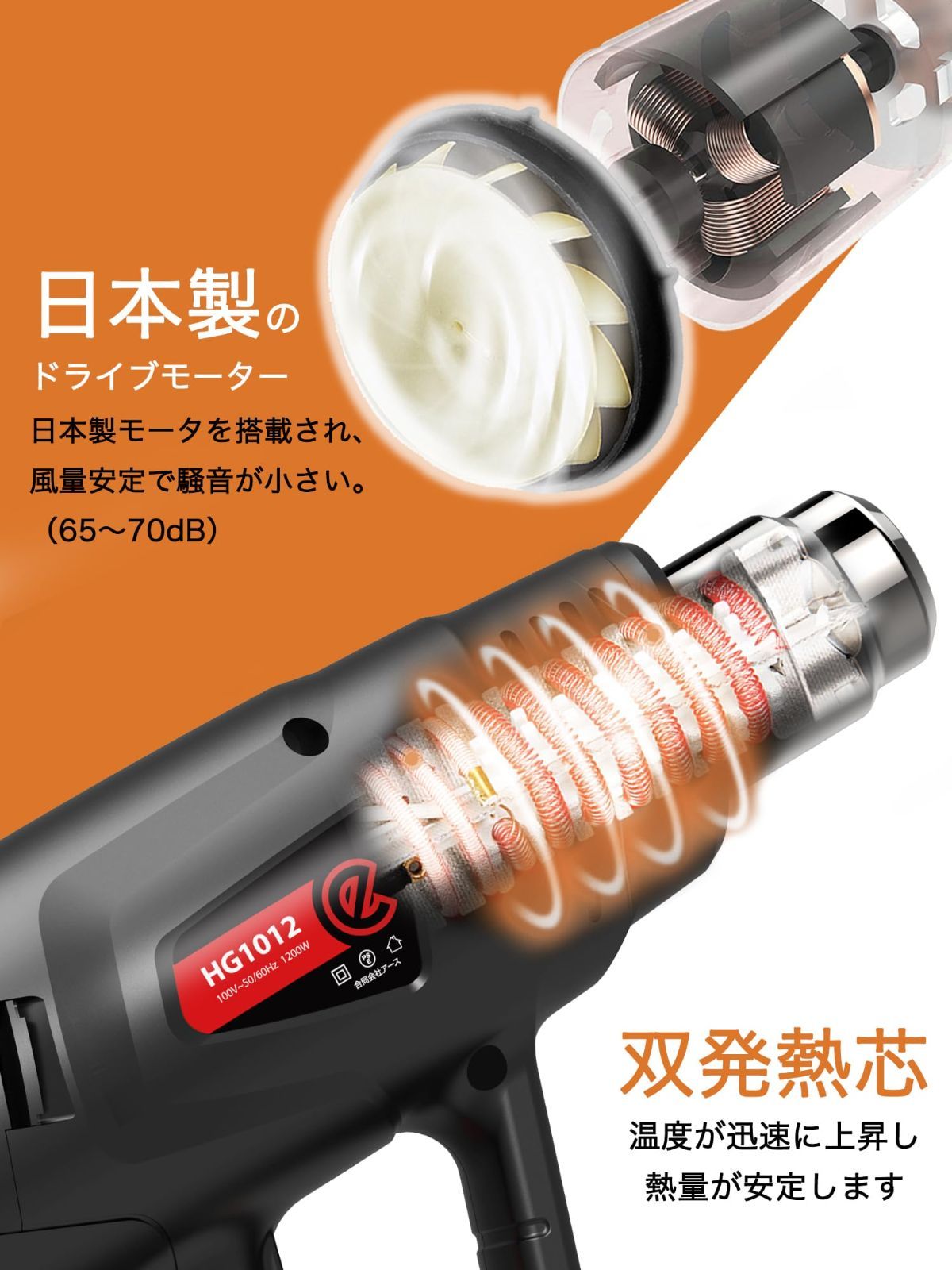 HeatGun ヒートガン 2024年新発売 産業用 家庭用ホットガン ヒートエアガン 段階風速 無段階調温 50～650度 多用途ホットガン  ノズル5本付き スクレーパー1本付き PSE認証 二重絶縁 - メルカリ