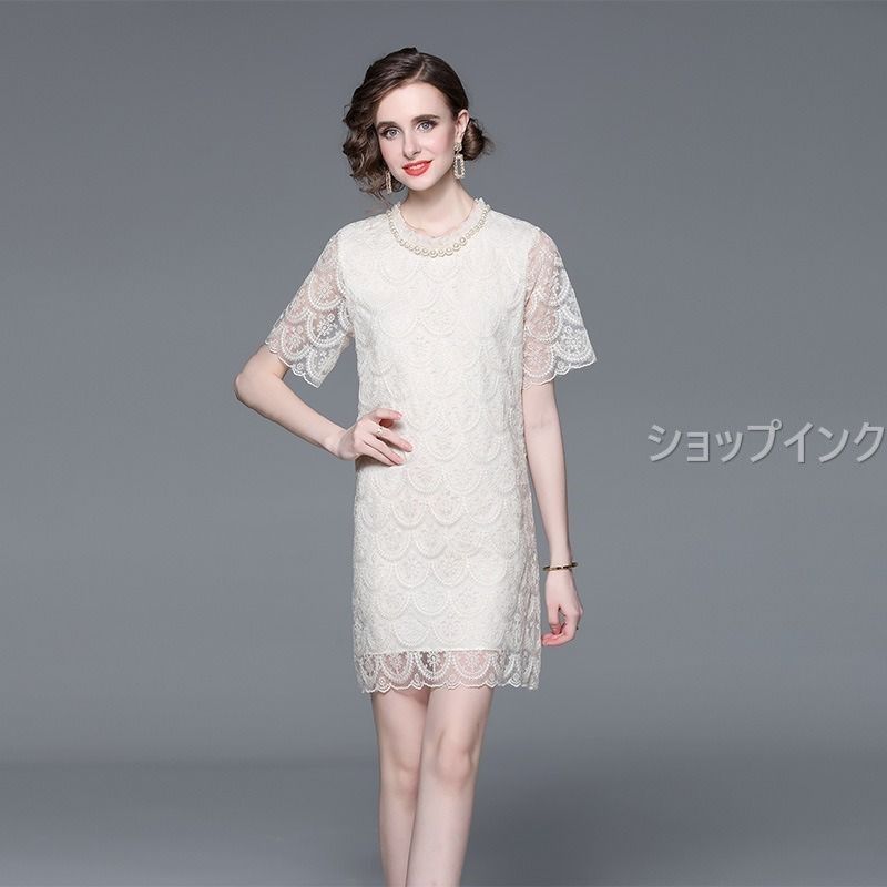 ホワイト レース模様 半袖 ひざ丈ワンピース ホワイトレースひざ