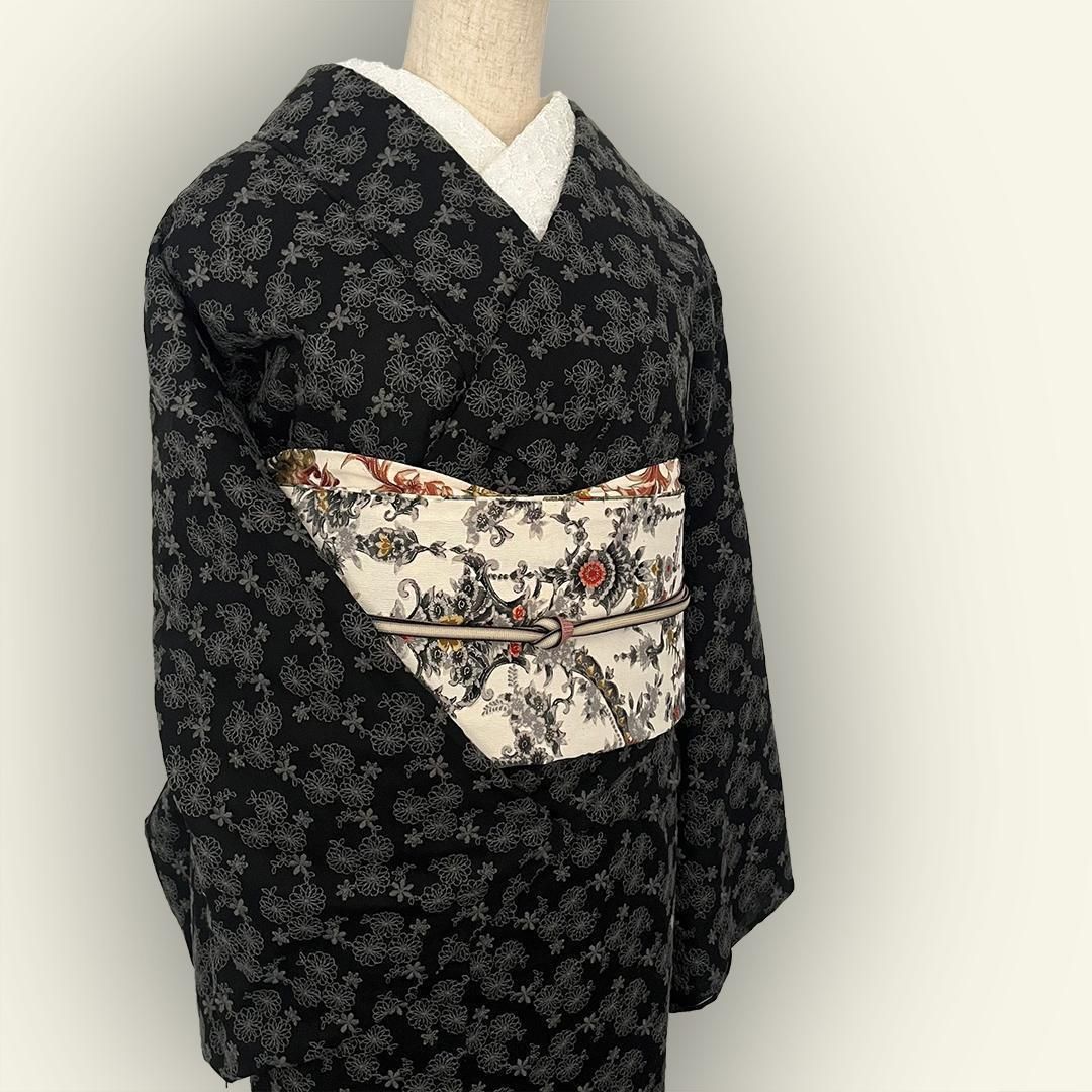 着物 単衣 黒地に花の刺繍 きもの コットンレース 木綿 着物 単衣 黒地に花の刺繍 きもの コットンレース 木綿