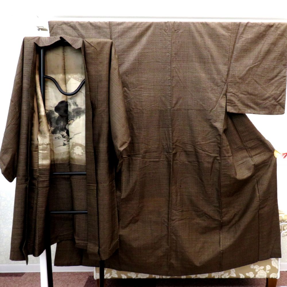 男着物 男性用 紬アンサンブルセット 袷 茶 ベージュ 正絹 男性用 男着物 男性用 紬アンサンブルセット 袷 茶 ベージュ 正絹 男性用