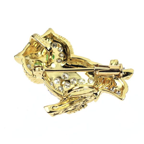 K18YG WG エメラルド ダイヤモンド ブローチ兼ペンダントトップ 0.04ct D0.35ct ふくろう