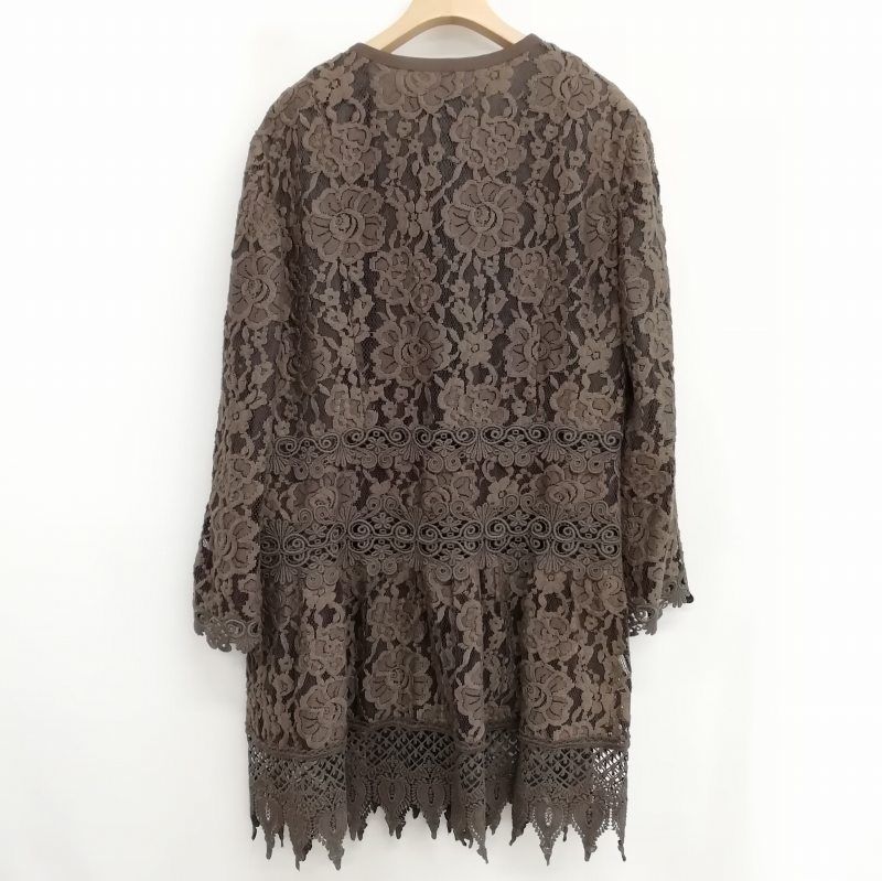 ROSSA(ロッサ) カーディガン サイズ42 L レディース - ダークブラウン×アイボリー 長袖/レース/ロング丈 ロッサ Rossa レース ノーカラー コート カーディガン 46