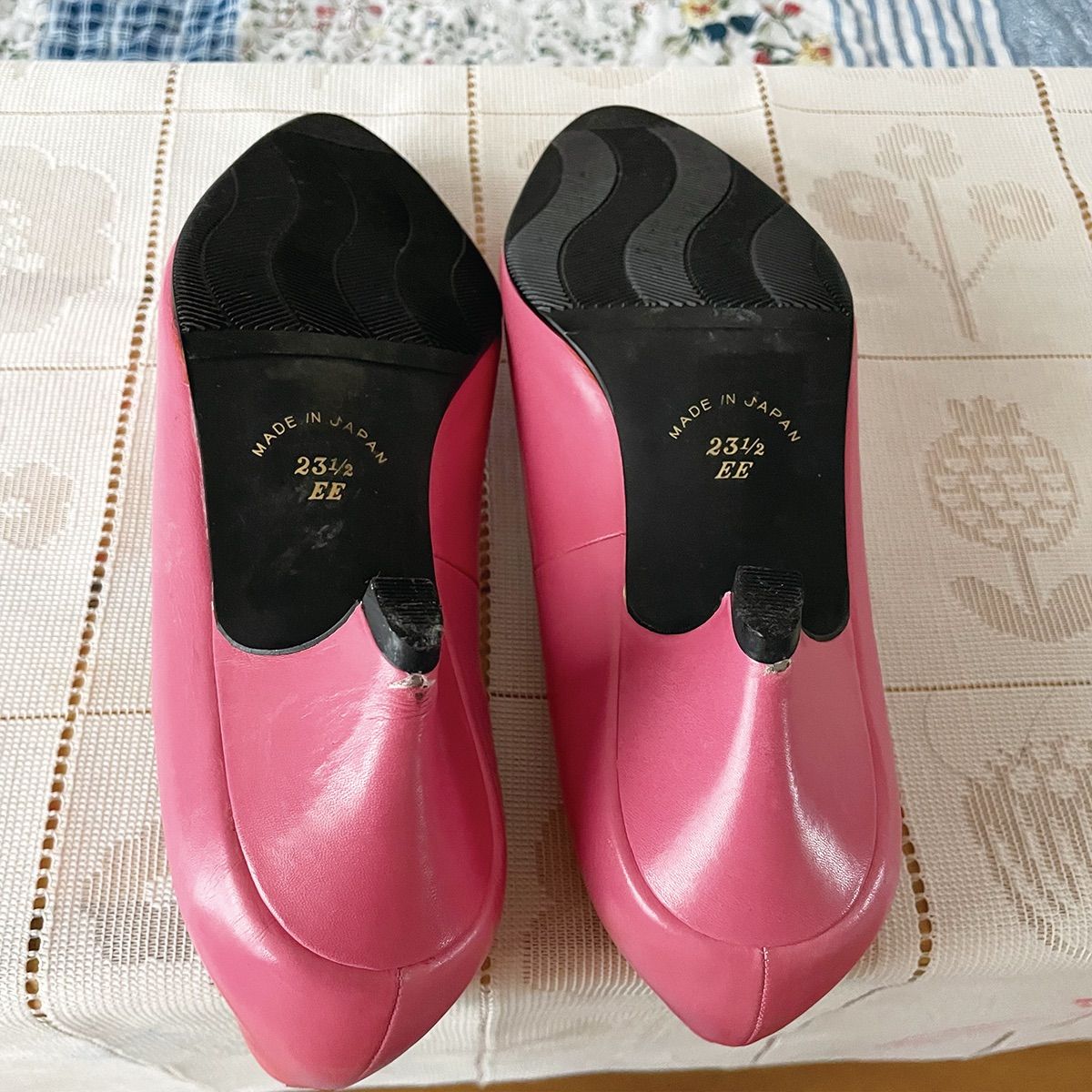 70s ピンク×ホワイト リボン ヒール パンプス 23.5cm 昭和レトロ