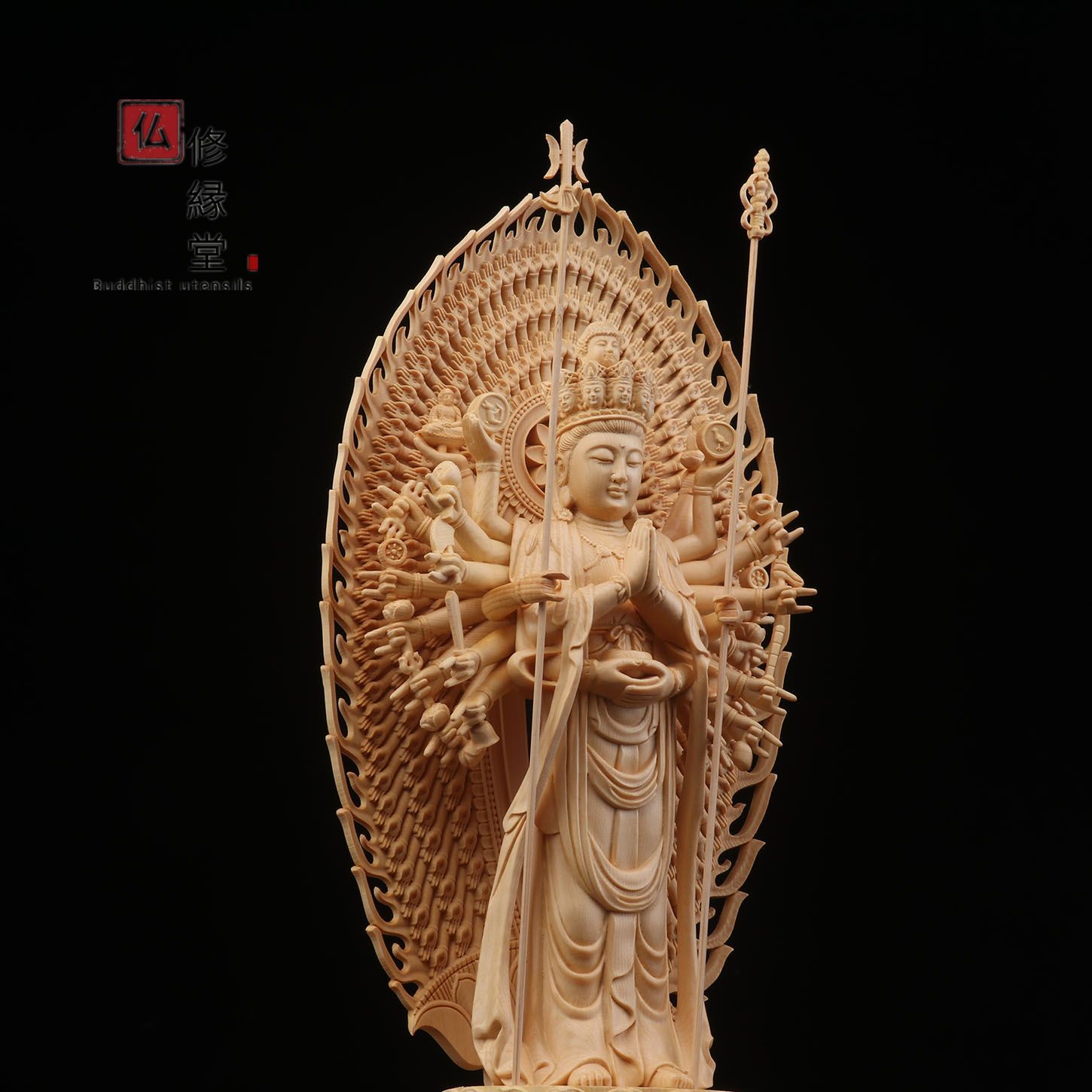 修縁堂】木彫り 仏像 千手観音菩薩立像 彫刻 一刀彫 天然木檜材 ご利益