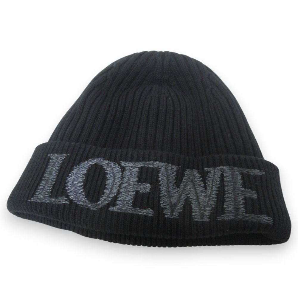 LOEWE ロエベ ウール100％ ロゴ刺繍 ビーニーキャップ ニットキャップ 帽子 F540257X23 ブラック×グレー レディース 古着