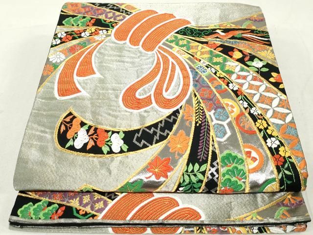 正絹振袖13 ⭐︎2/28までの出品 平和屋着物◎六通柄袋帯 唐織 吉祥束ね熨斗花文 黒地 金銀糸