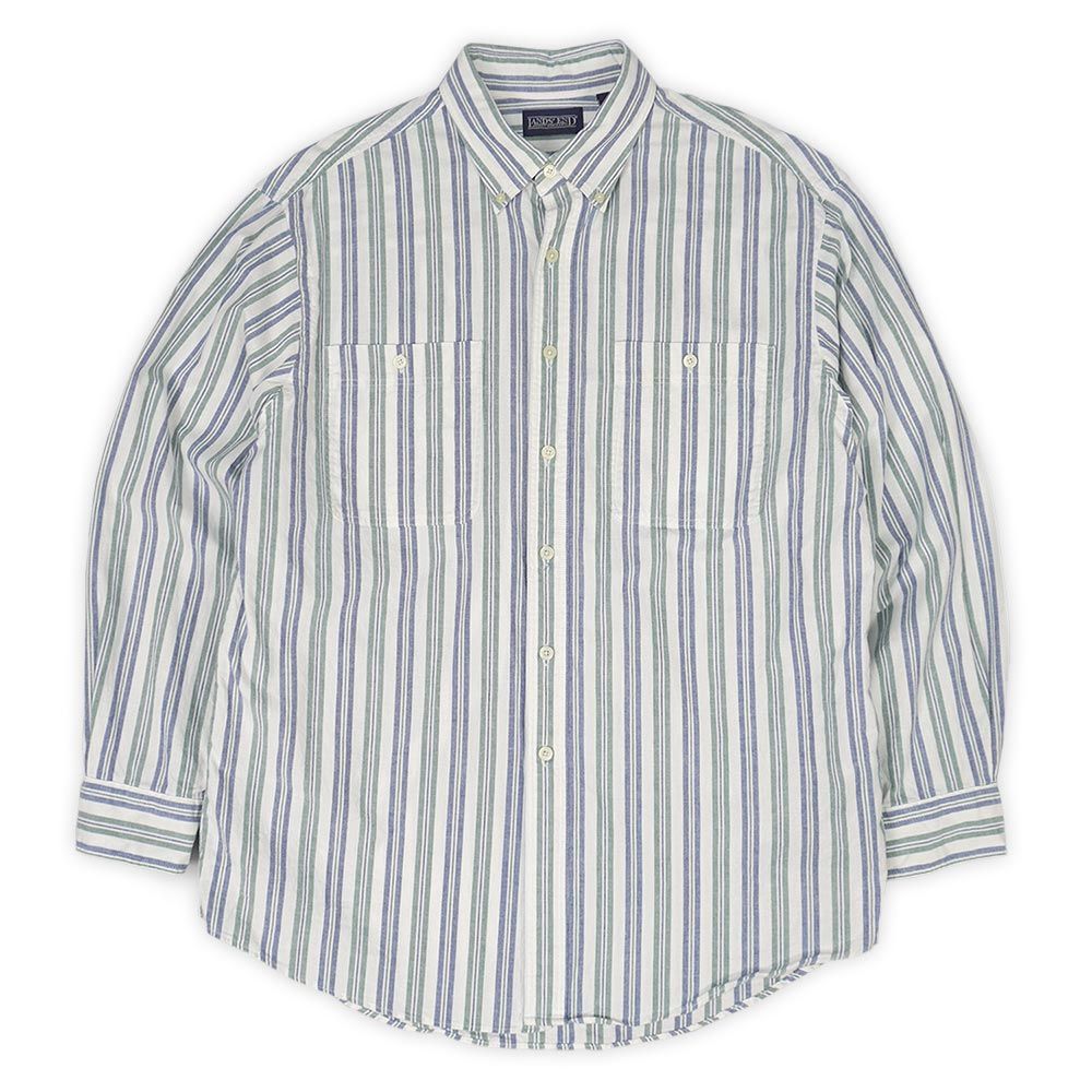 ランズエンド LANDS' END 90s 90年代 ボタンダウンシャツ BD 長袖 MADE IN USA アメリカ製 旧タグ ヴィンテージ 古着 メンズ シャツ グリーン ネイビー マルチストライプ柄 L【中古】