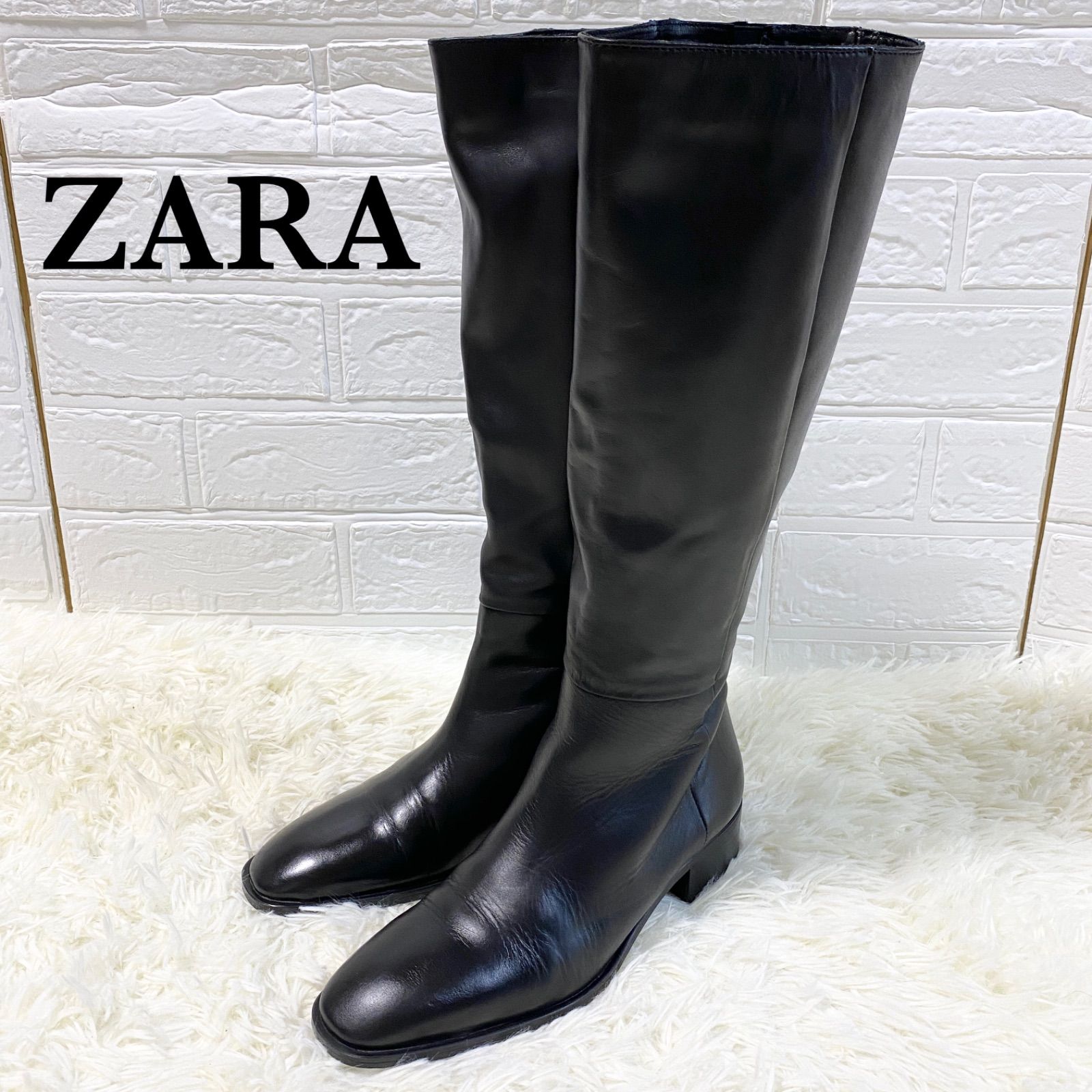 良品✨【ZARA】ザラ ロングブーツ サイドジップ 黒 レザー 39