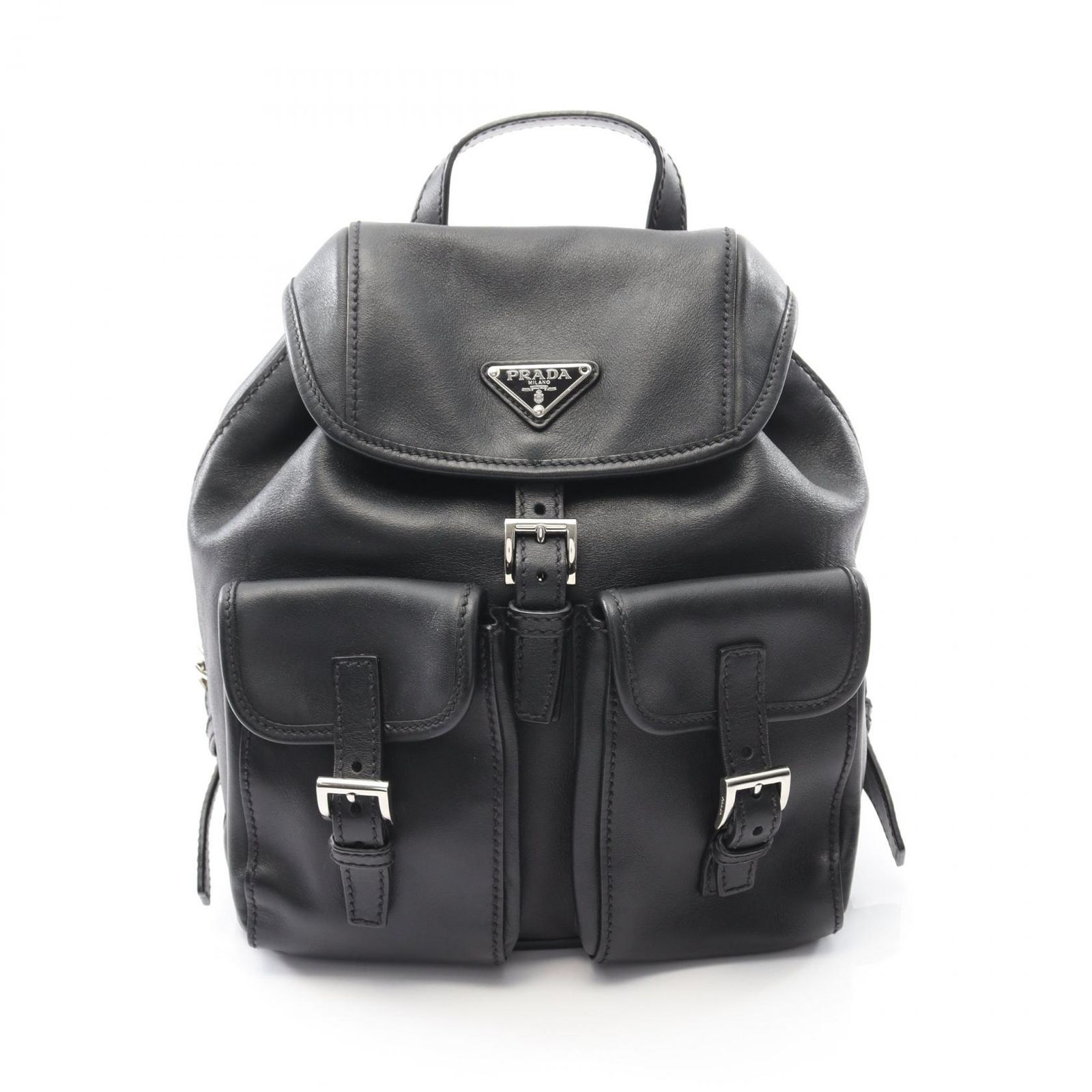 プラダ PRADA リュックサック バックパック トライアングルロゴ 1BZ080 ブラック レザー トライアングルロゴ バックパック レディース Used A