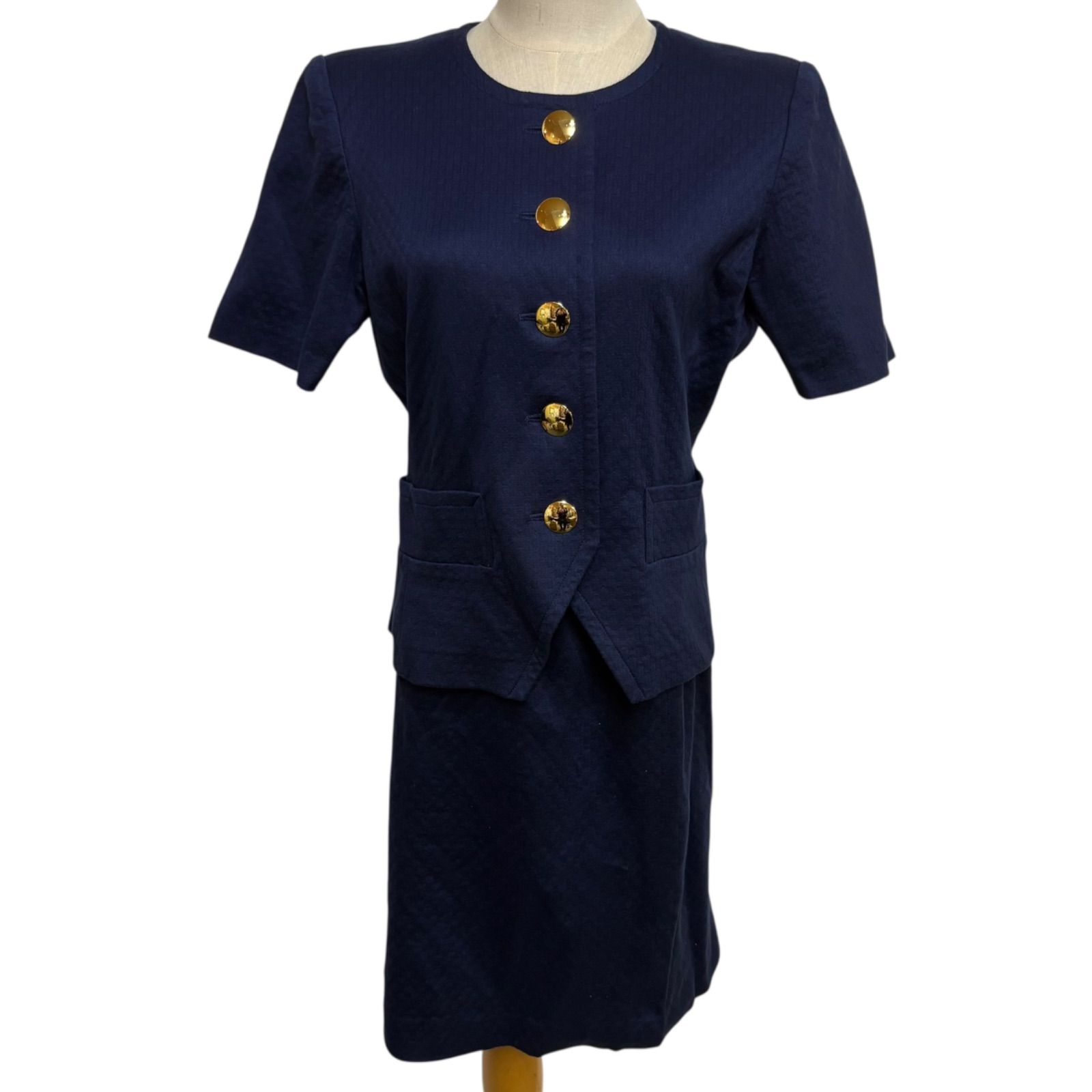 Yves Saint Laurent イヴサンローラン 半袖ジャケット ノーカラー 金ボタン ネイビー ブラウス 無地 スカート セットアップ ヴィンテージ スーツ
