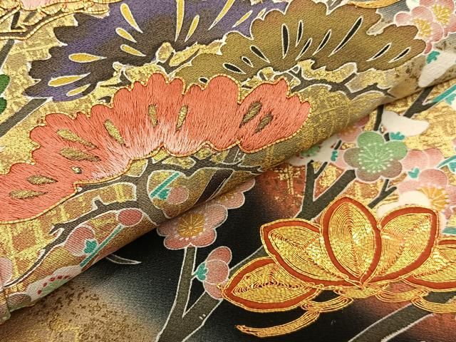 色留袖 花草模様 鴛鴦 金駒刺繍 縮緬 紅掛鼠色 ふくよかサイズ KK-2062 平和屋着物▽豪華色留袖 駒刺繍 吉祥菊花文 暈し染 金彩
