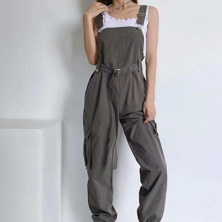 ミリタリー レディース カーゴサロペット パンツ カーゴサロペット グレー オールインワン オーバーオール ハイウェスト おしゃれ 大人 ベルト付き 重ね着 サロペット カジュアル 肩紐調節 ダン tomin598421
