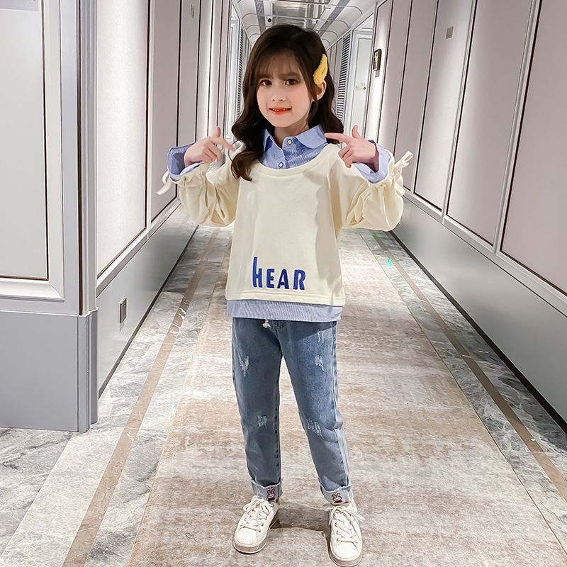 トップス デニムパンツ 女の子 子供 セットアップ パンツ プルオーバー ガールズ シジュニアカジュアル 長袖 春秋 2XAu701