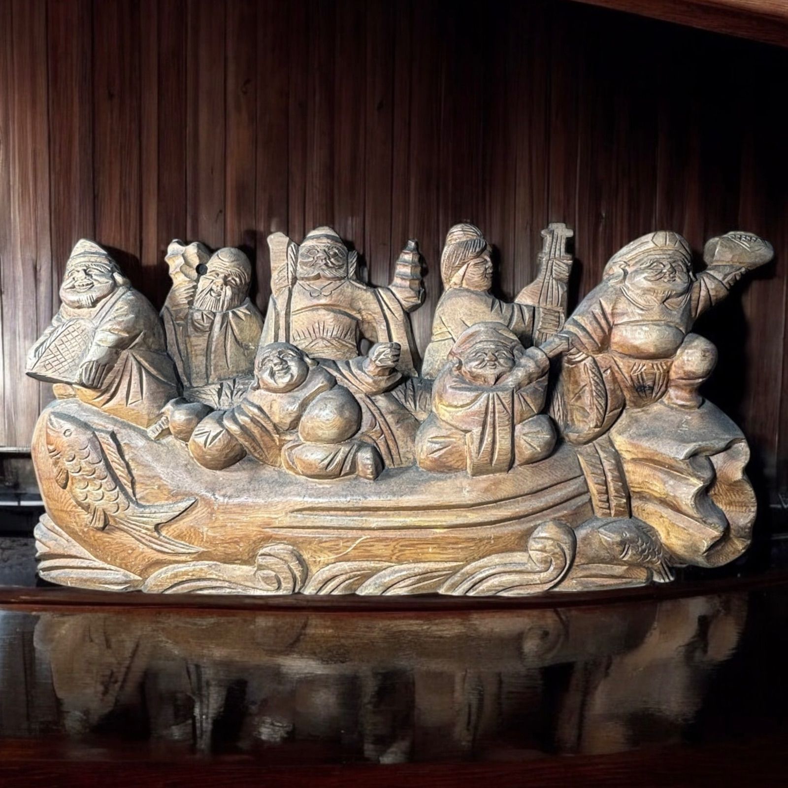 七福神 大黒天 恵比寿　木彫り 置物　縁起物　開運　骨董品　アンティーク 天然木 木彫り 大きな大黒天 恵比寿 像 高さ49㎝ 金運 開運縁起物 幸運