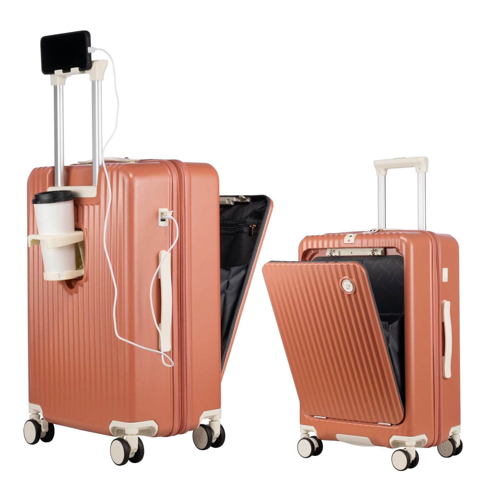 GURAMU スーツケース キャリーケース キャリーバッグ フロントオープン 機内持ち込み S Mサイズ USBポート付き カップホルダー付き 隠しフック機能 充電機能 静音 ダブルキャスター 耐衝撃 360度回転 軽量 修学 泊まる 旅行 出張 カッパ