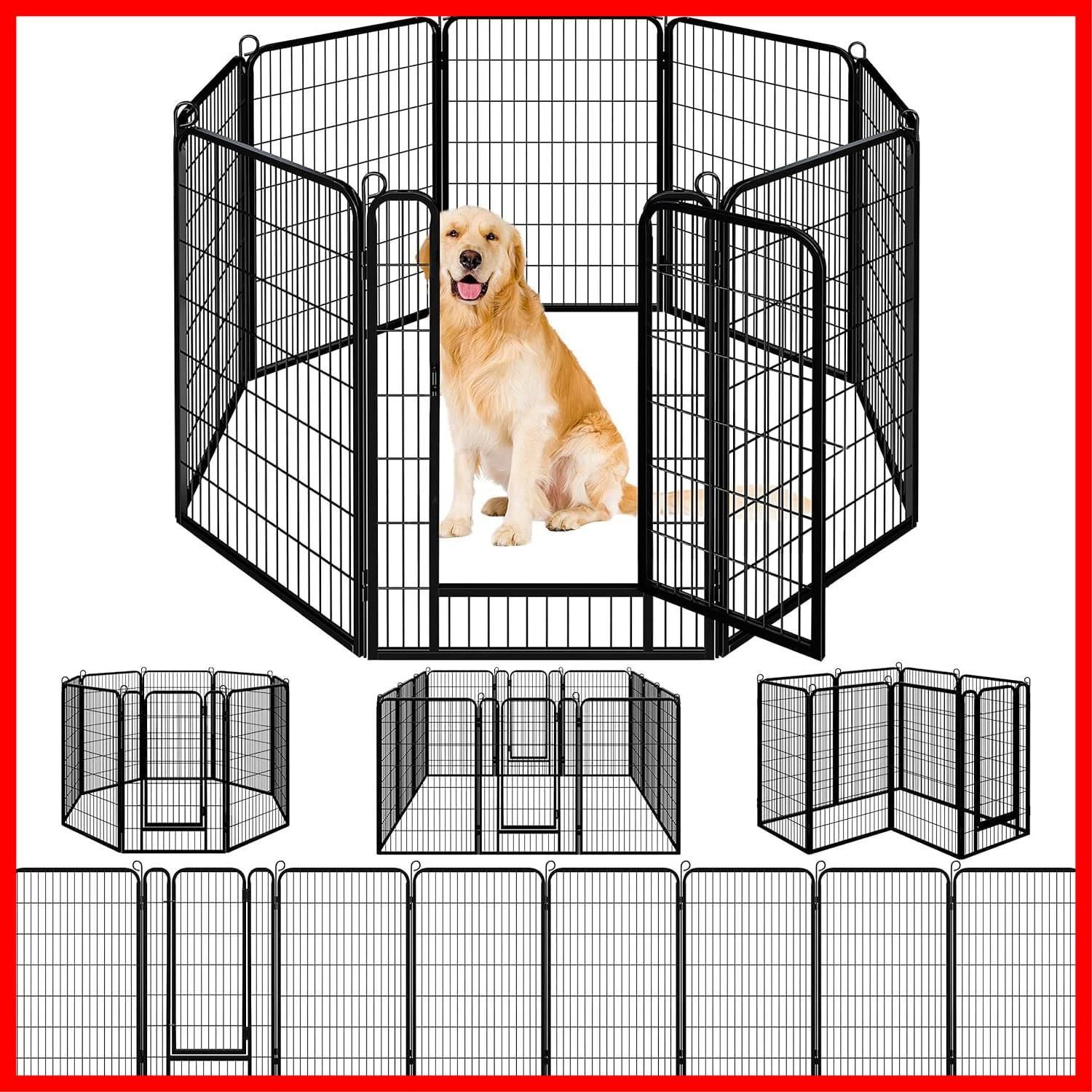 【特価セール】Dinah Aslop ペットフェンス 中大型犬用 ペットケージ パネル8枚 ペットサークル 四角ポール 折り畳み式 ペットフェンス  ゲージ トレーニング スチール製 複数の組み合わせ 室内室外兼用 犬小屋 ペット用品
