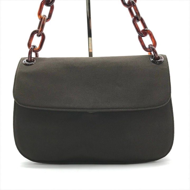 良品 PRADA プラダ 三角ロゴ プレート べっ甲調 チェーン ショルダー  